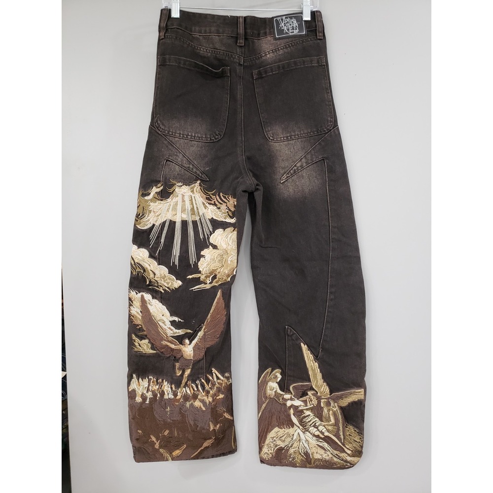 Vescartes Heavens Eclipse Black Wide Leg Jeans Embroidered Fallen Angel Small
